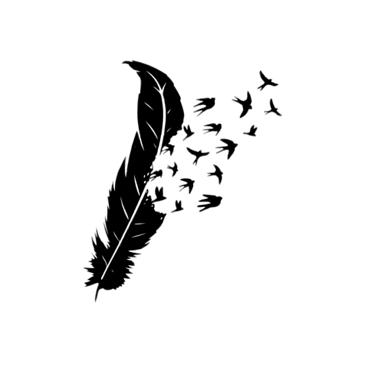 Zwarte Veer met Vogels tijdelijke tattoo van INKC, 5x5 cm (A-065)