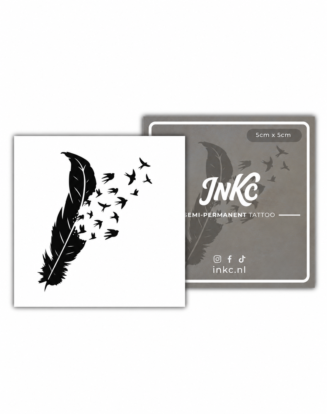 Zwarte Veer met Vogels tijdelijke tattoo van INKC, 5x5 cm (A-065)