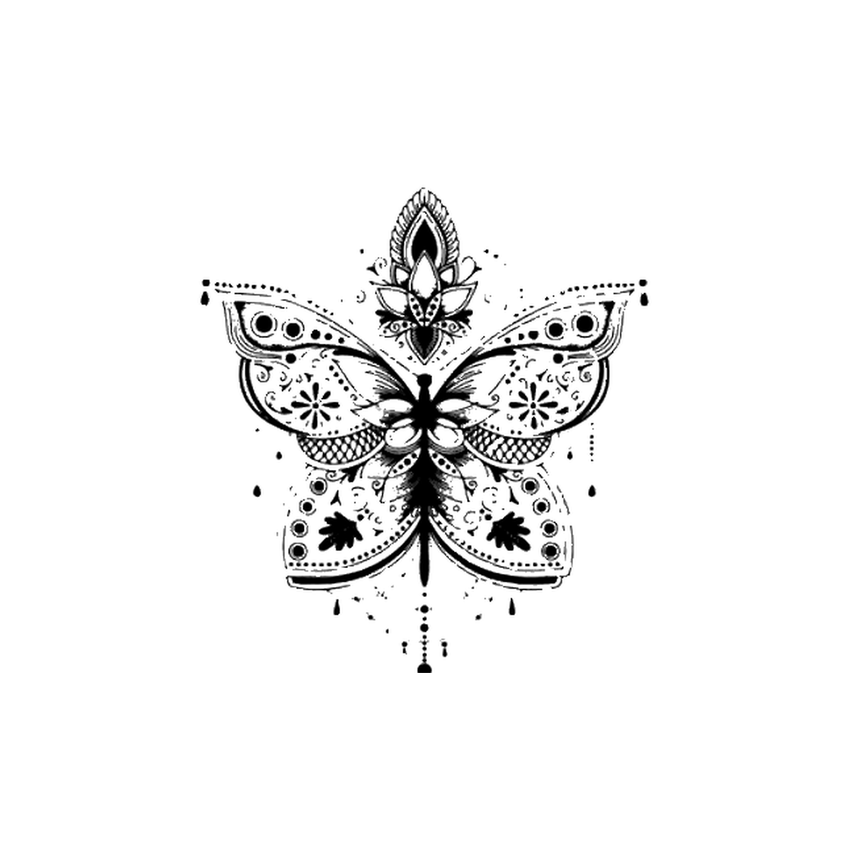 Zwarte Mandala Vlinder tijdelijke tattoo van INKC, 5x5 cm (A-066)