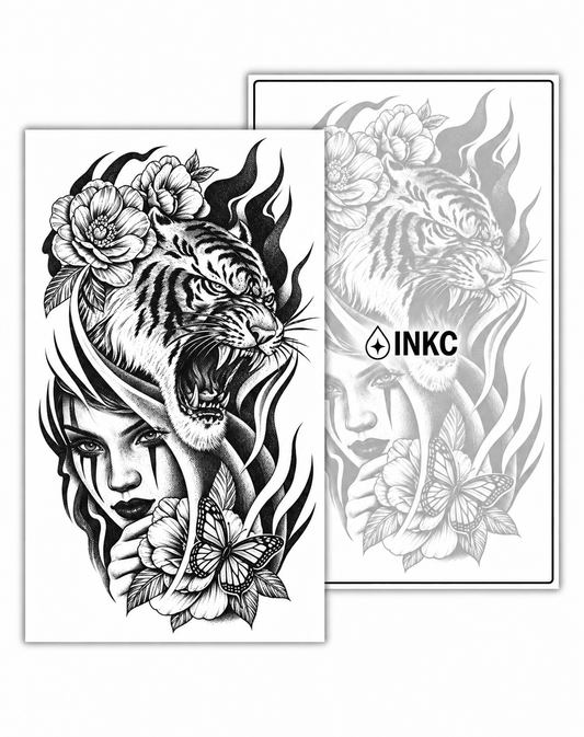 Tijger en Vrouw met Vlinder tijdelijke tattoo van INKC