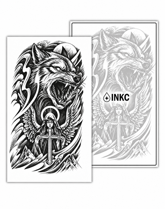 Wolf en Beschermengel tijdelijke tattoo van INKC