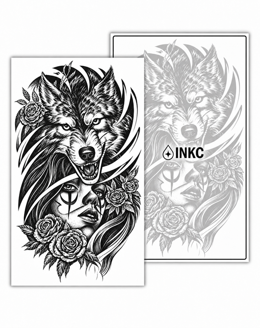 Wolf en Vrouw met Rozen tijdelijke tattoo van INKC