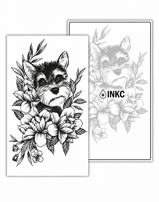 Terriër met Bloemen tijdelijke tattoo van INKC
