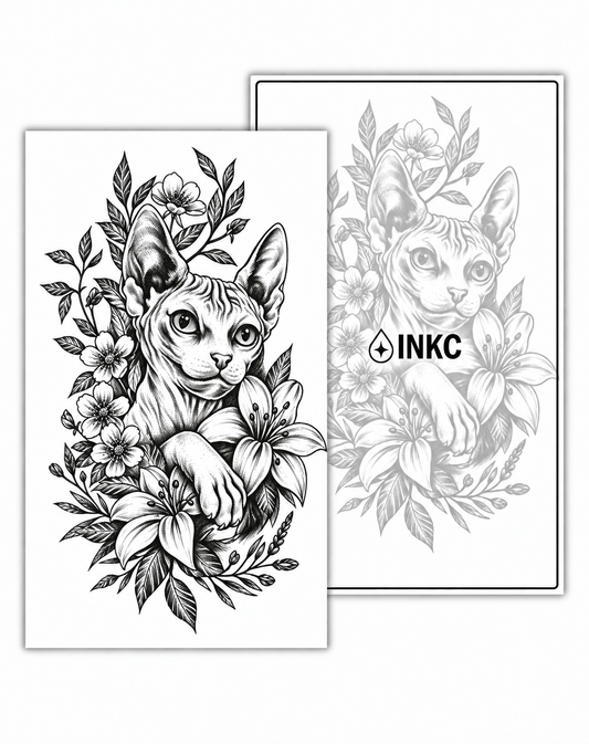 Sphynxkat met Bloemen tijdelijke tattoo van INKC