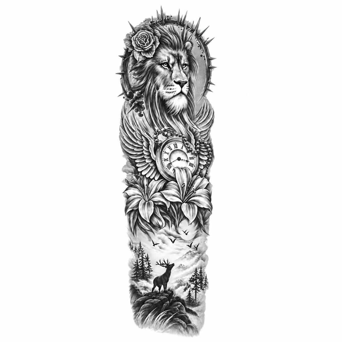 INKC GZQB-022 Leeuw en Klok Sleeve, tijdelijke tattoo sleeve