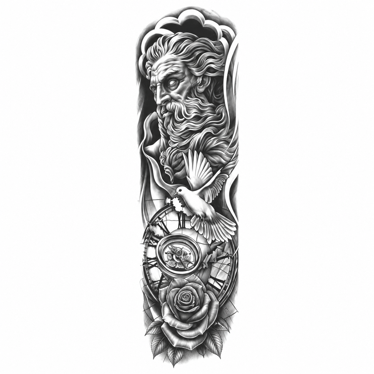 INKC GZQB-054 Zeus en Kompas Sleeve tijdelijke tattoo, groot afgebeeld op witte achtergrond