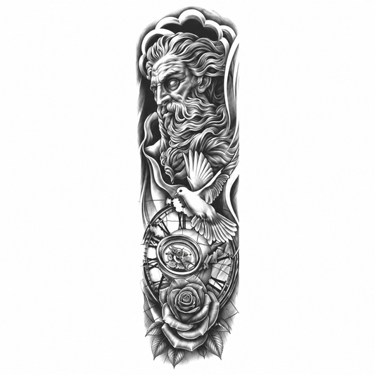 INKC GZQB-054 Zeus en Kompas Sleeve tijdelijke tattoo, groot afgebeeld op witte achtergrond