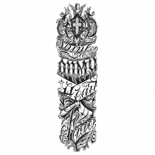 INKC GZQB-060 Gothic Lettering Sleeve tijdelijke tattoo, groot afgebeeld op witte achtergrond