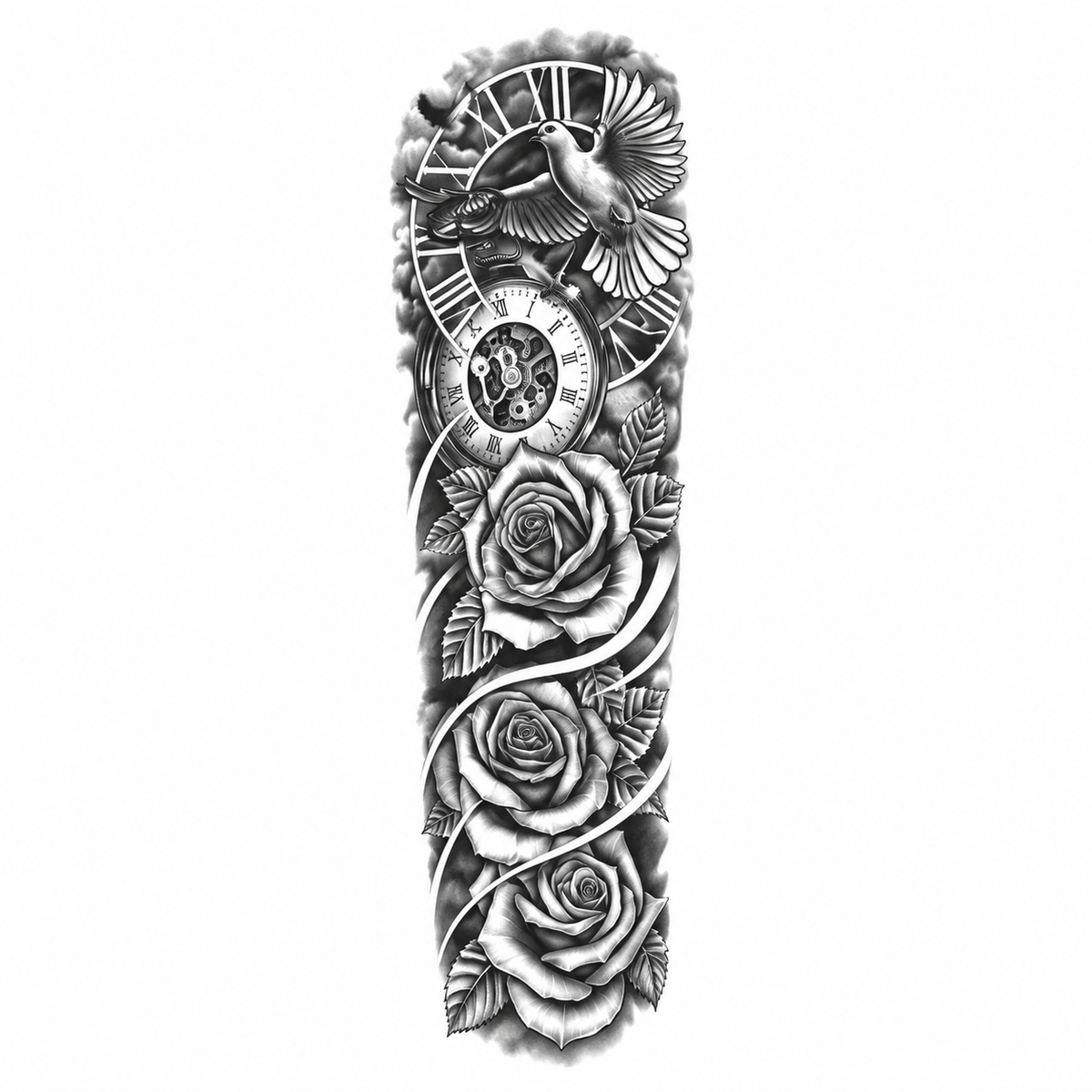 INKC GZQB-063 Duif, Klok en Rozen Sleeve tijdelijke tattoo, groot afgebeeld op witte achtergrond