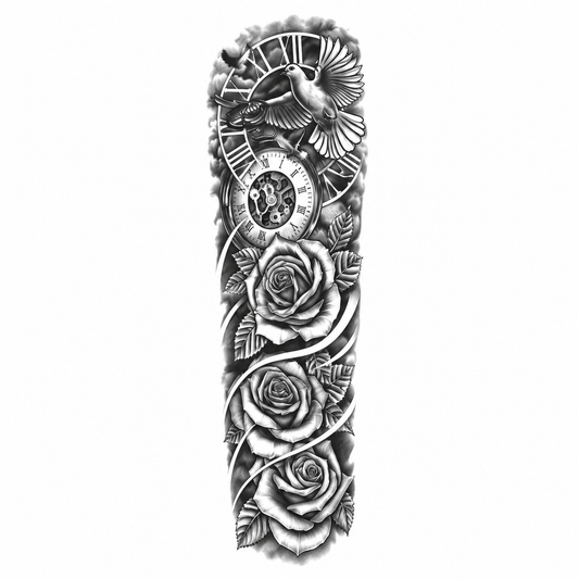 INKC GZQB-063 Duif, Klok en Rozen Sleeve tijdelijke tattoo, groot afgebeeld op witte achtergrond