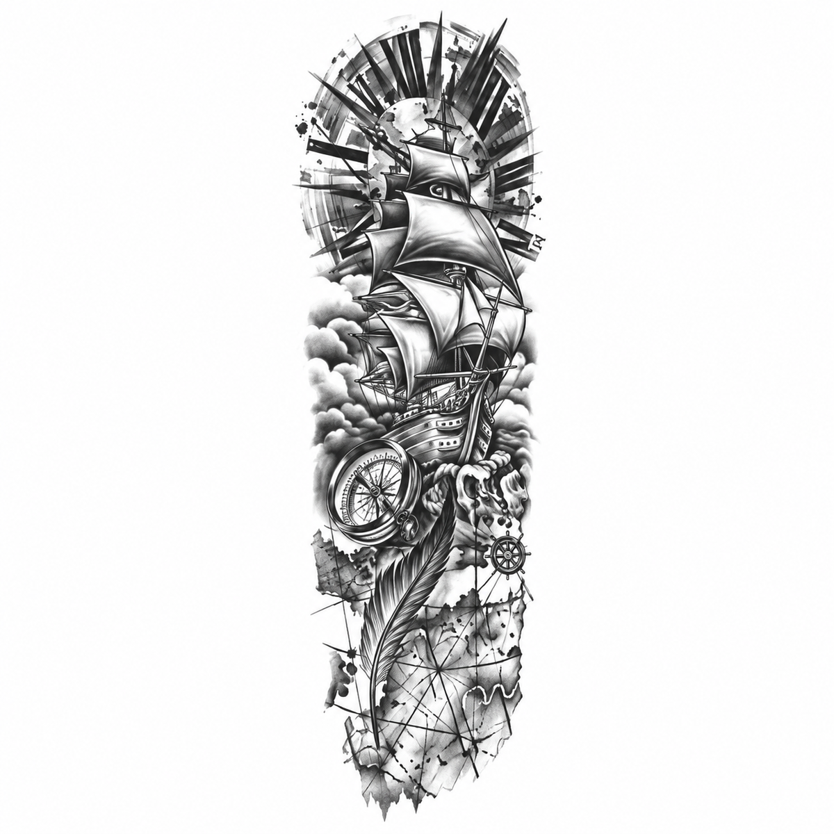 INKC GZQB-064 Zeilschip en Kompas Sleeve tijdelijke tattoo, groot afgebeeld op witte achtergrond