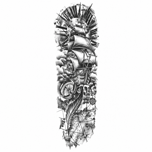 INKC GZQB-064 Zeilschip en Kompas Sleeve tijdelijke tattoo, groot afgebeeld op witte achtergrond