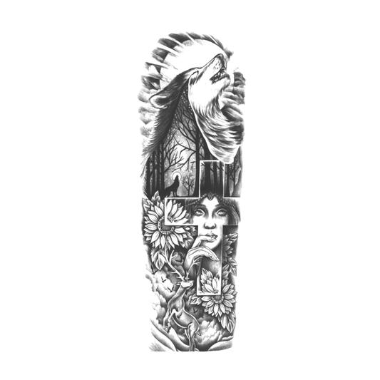 INKC GZQB-065 Wolf en Vrouw Sleeve tijdelijke tattoo met wolf, vrouw, hert, bloemen en bos, zwart op witte achtergrond, formaat 16 x 47 cm