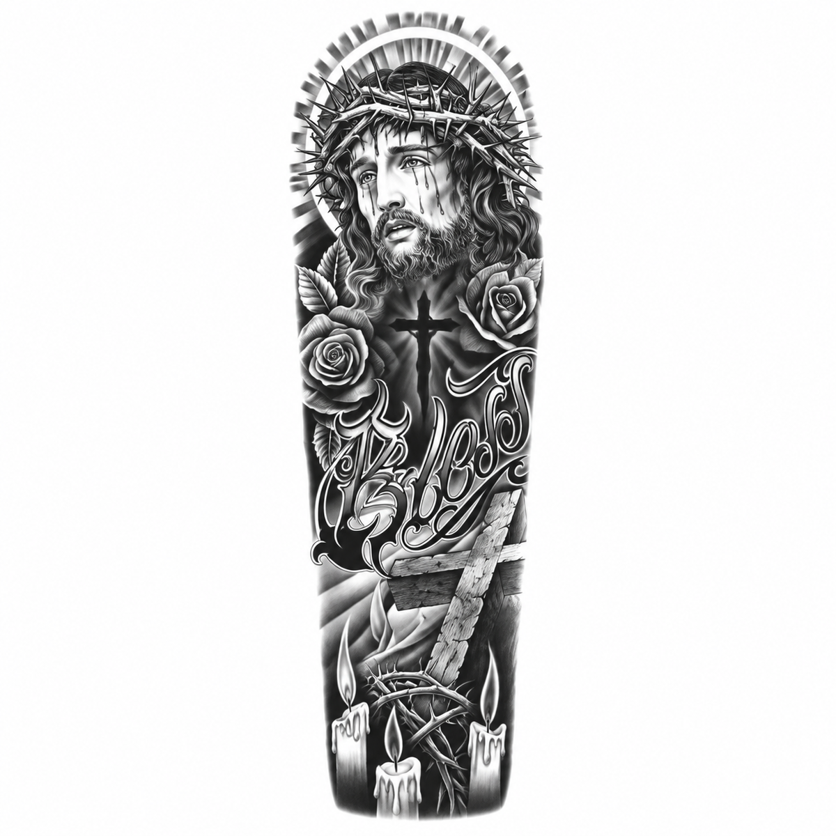INKC GZQB-067 Jezus en Rozen Sleeve tijdelijke tattoo, groot afgebeeld op witte achtergrond