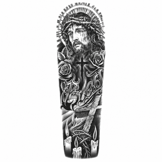 INKC GZQB-067 Jezus en Rozen Sleeve tijdelijke tattoo, groot afgebeeld op witte achtergrond