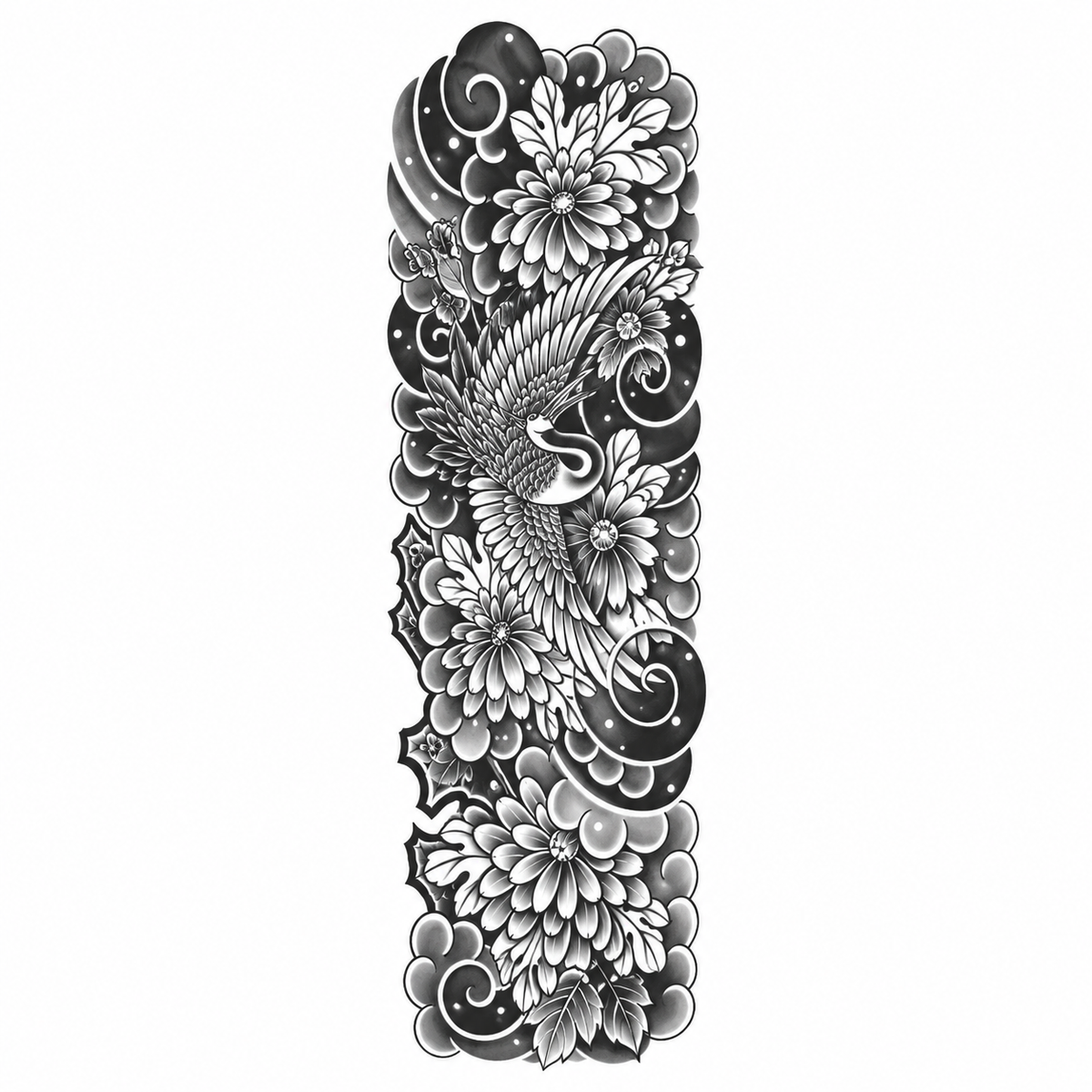 INKC GZQB-069 Kraanvogel en Bloemen Sleeve tijdelijke tattoo, groot afgebeeld op witte achtergrond