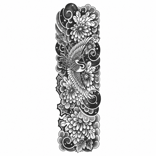INKC GZQB-069 Kraanvogel en Bloemen Sleeve tijdelijke tattoo, groot afgebeeld op witte achtergrond