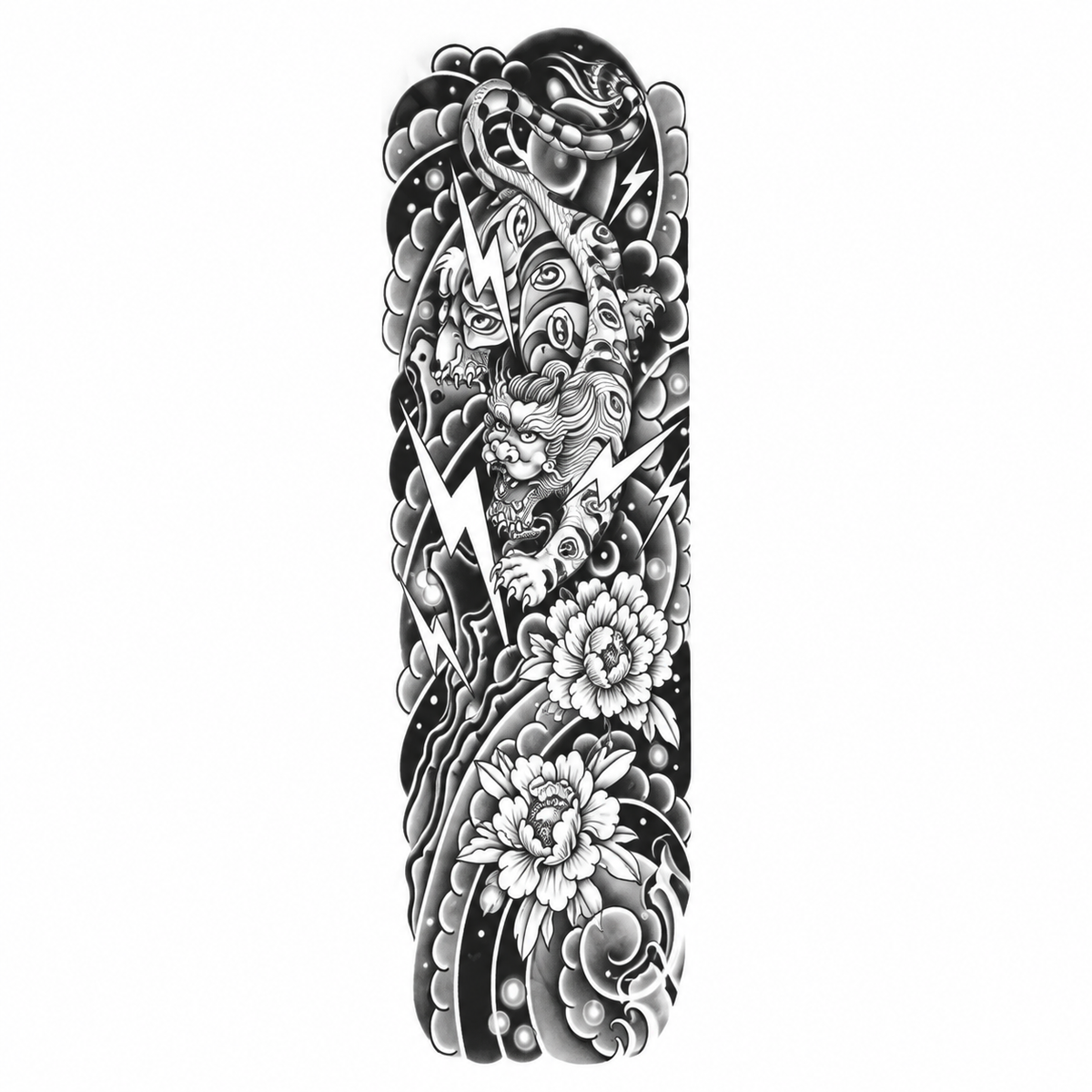 INKC GZQB-071 Japanse Oni Sleeve tijdelijke tattoo, groot afgebeeld op witte achtergrond