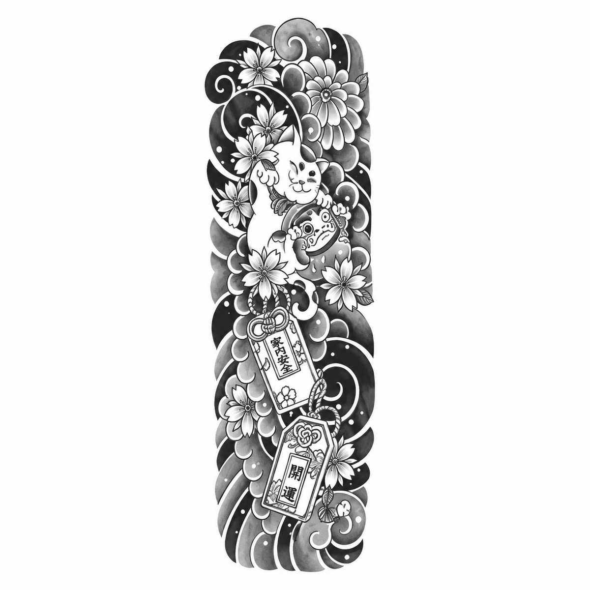 INKC GZQB-072 Gelukskat en Bloemen Sleeve tijdelijke tattoo, groot afgebeeld op witte achtergrond