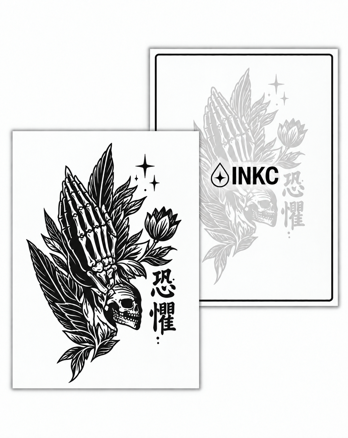 INKC GZX-037 Biddende Handen & Schedel tijdelijke tattoo, 8 x 11 cm