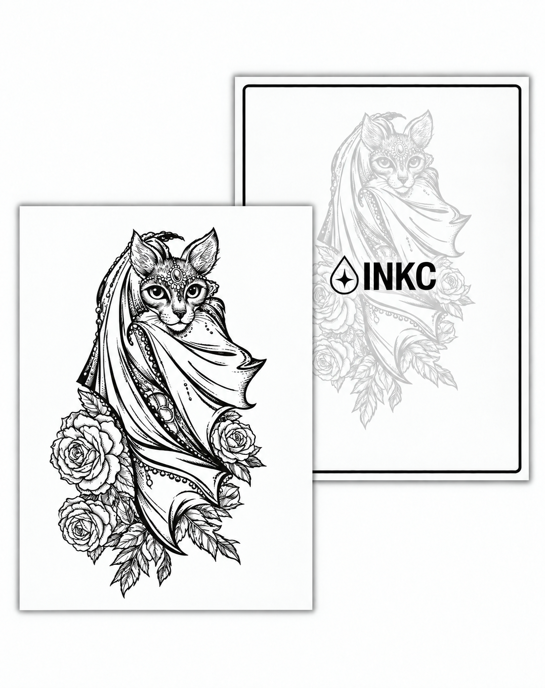 INKC GZX-066 Gesluierde Kat met Rozen tijdelijke tattoo, 8 x 11 cm