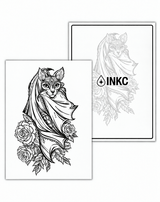 INKC GZX-066 Gesluierde Kat met Rozen tijdelijke tattoo, 8 x 11 cm