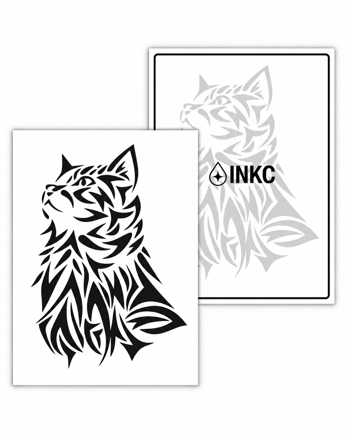 INKC GZX-097 tijdelijke tattoo met tribal kat, zwart op witte achtergrond, formaat 8 x 11 cm