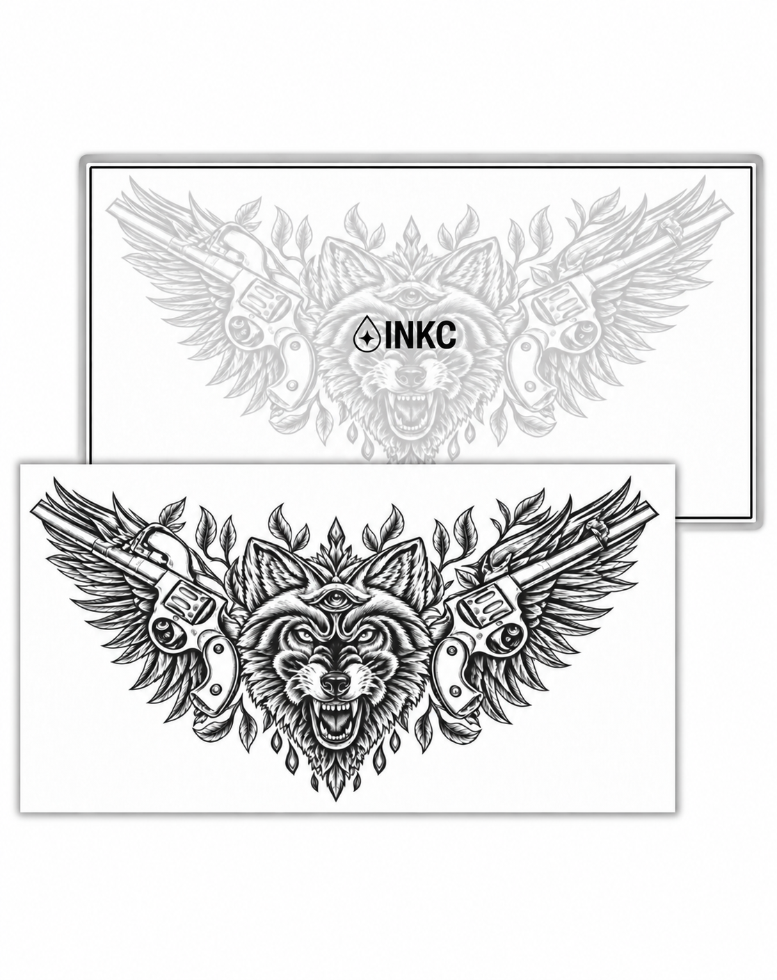 Wolvenkraag met vleugels en revolvers – tijdelijke tattoo 15 x 28 cm – INKC GZXT-050